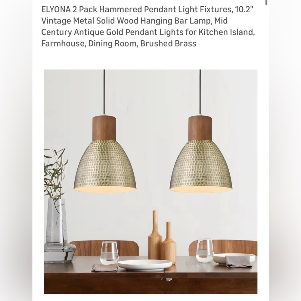 ELYONA Brushed Brass Hammered Pendant Light with Wood Accent